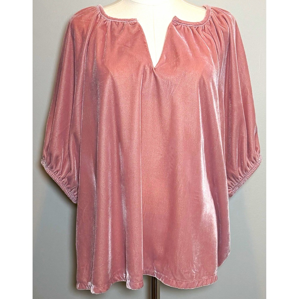 Old Navy Pink Solid Velvet V-Neck Dolman 3/4 Sleeve Pullover Blouse Women L Soft - Picture 1 of 7